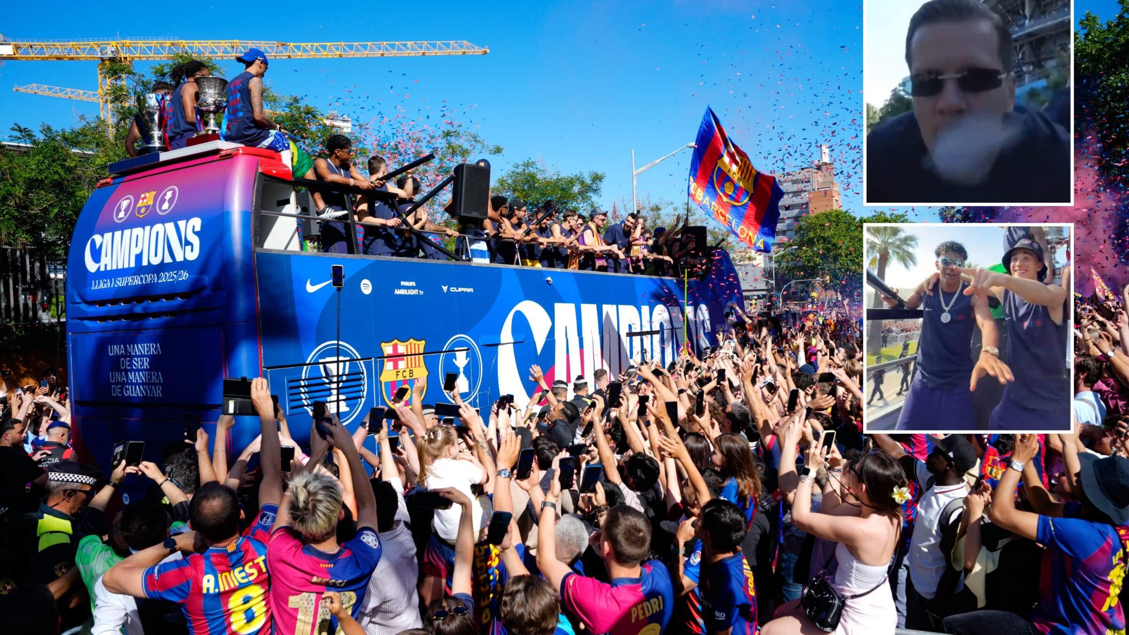 VIDEO Van een dansende Yamal tot een vapende Szczęsny: FC Barcelona viert 29e landstitel tijdens parade door binnenstad